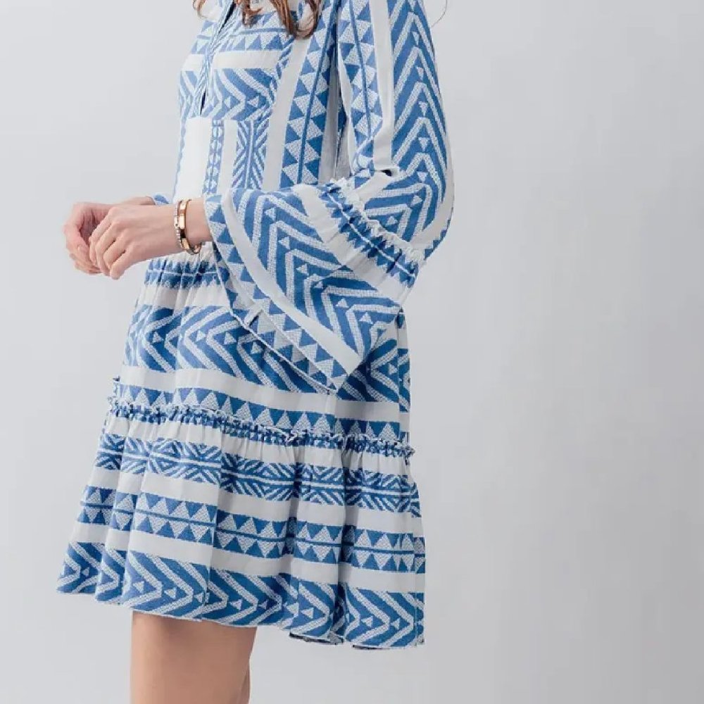 GEO PATTERN RUFFLE BELL SLEEVE DRESS - Picture 5 of 6